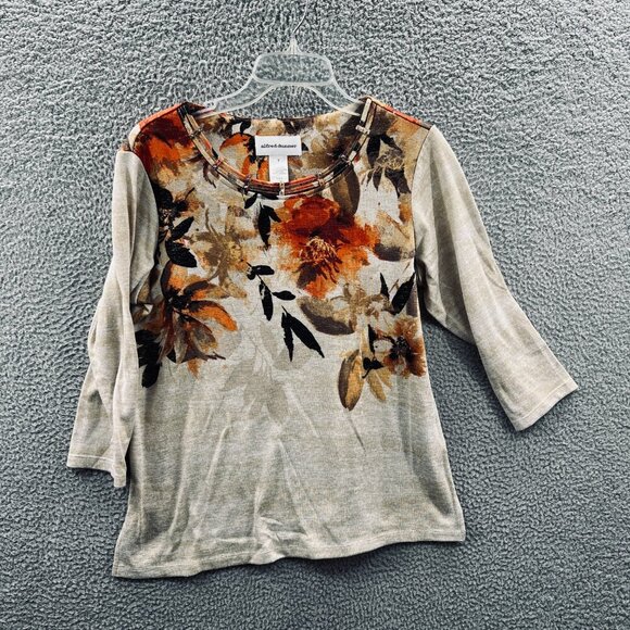 Alfred Dunner Tops - Alfred Dunner Women Top Small Tan Brown Floral 3/4 Sleeve Pullover Shirt Stretch